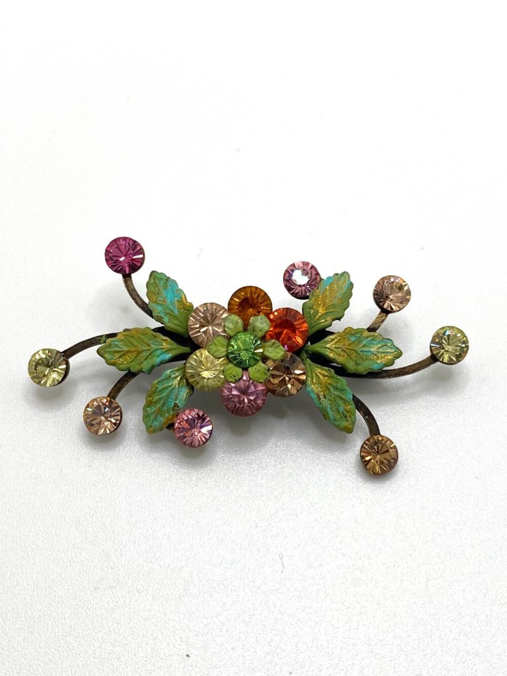 Vintage Floral Brooch Metal Gold Sparkle Rhinestone MCM Retro Shabby Chic